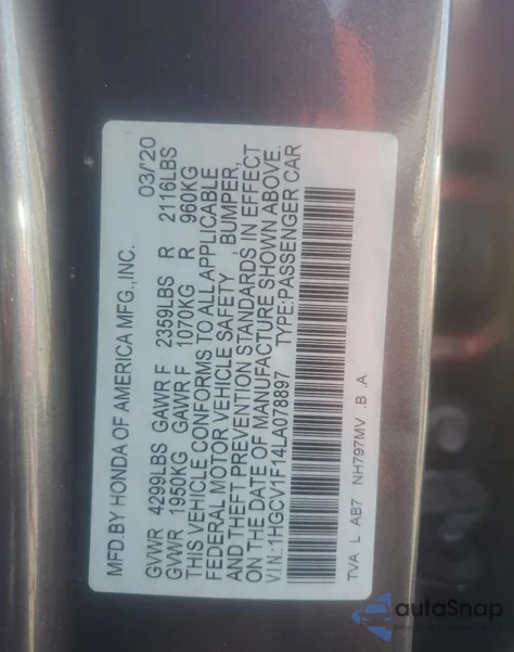 2020 Honda Accord Lx z USA, uszkodzony, nr VIN 1HGCV1F14LA078897